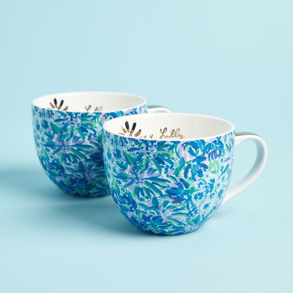 Lilly Pulitzer Ceramic Coffee/Tea Mugs Set of 2 Blue/Gold 12 oz. NIB - Picture 8 of 8